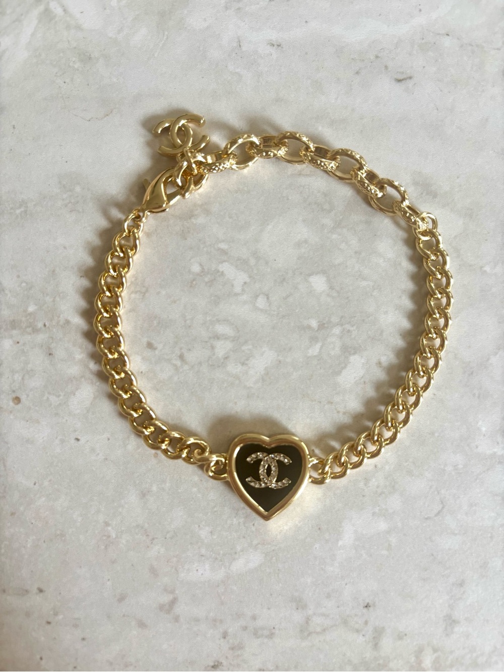 Vintage Chanel Gold Heart Link Bracelet with Black Enamel
